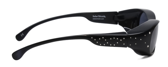 Side View of Foster Grant Ladies Oval 56mm Fitover Sunglasses Gloss Black Crystals/Smoke Grey