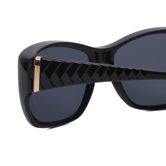 Close Up View of Foster Grant Ladies Oversized 70mm Fitover Sunglasses Gloss Black Gold Band/Grey