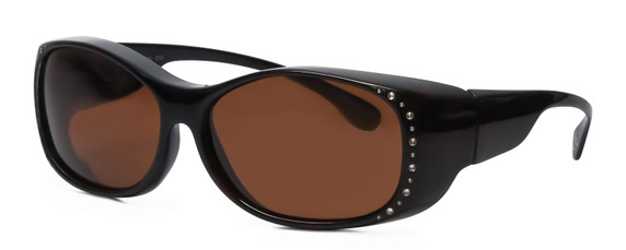 Profile View of Foster Grant Women Oval 60mm Fitover Sunglasses Gloss Black Crystals/Amber Brown