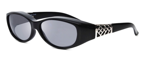 Profile View of Foster Grant Solar Shield Ladies Oval 55 mm Fitover Sunglasses Black Silver/Grey