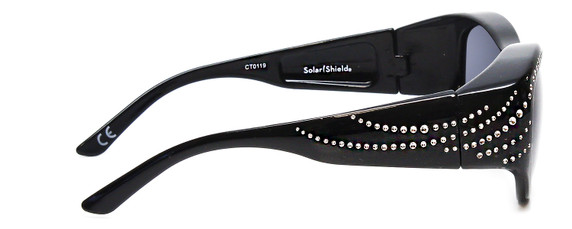 Side View of Foster Grant Ladies Oval 60mm Fitover Sunglasses Gloss Black Crystals/Smoke Grey