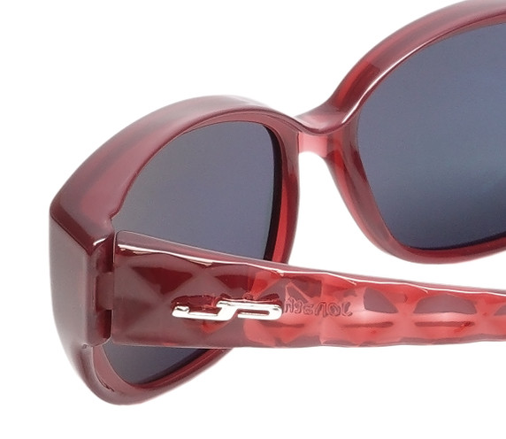 Close Up Detail View of Jonathan Paul Beverly Women Fitover Sunglasses Crystal Cherry Red&Polarized Grey