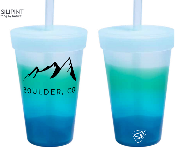 Boulder Flatirons Sili Pint Silicone Pint Glass w/ Lid & Straw - Mountain Air Blue & White
