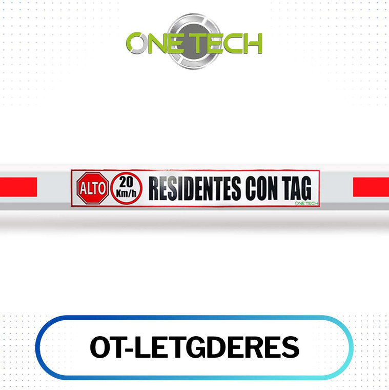 OT-LETGDERES, Onetech, Qdigital, letrero para pluma vehicular, residentes con TAG, señalización para barrera vehicular, control de acceso vehicular, acceso residencial, identificación vehicular, carril exclusivo residentes, accesorio para barrera automática, señalética para estacionamientos, control de acceso con TAG.