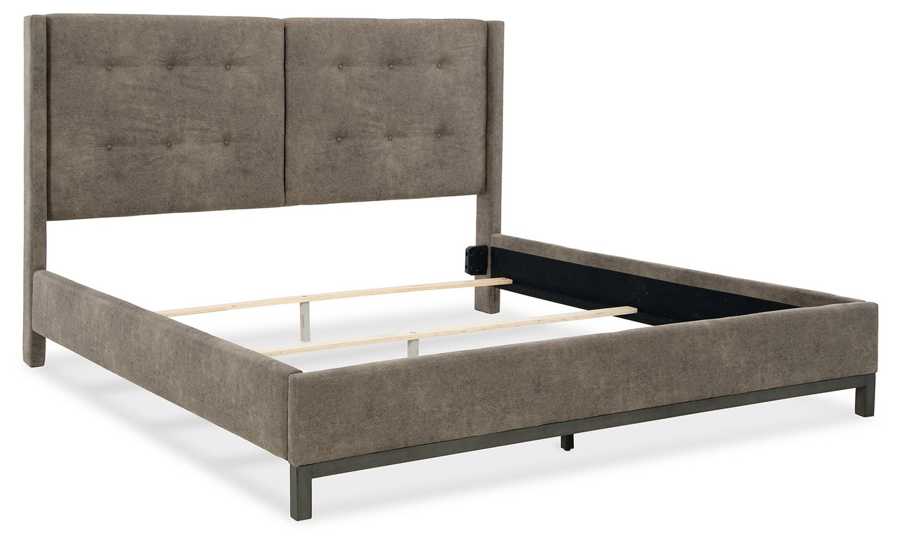 Hyndell Dark Brown King Upholstered Panel Bed with Storage