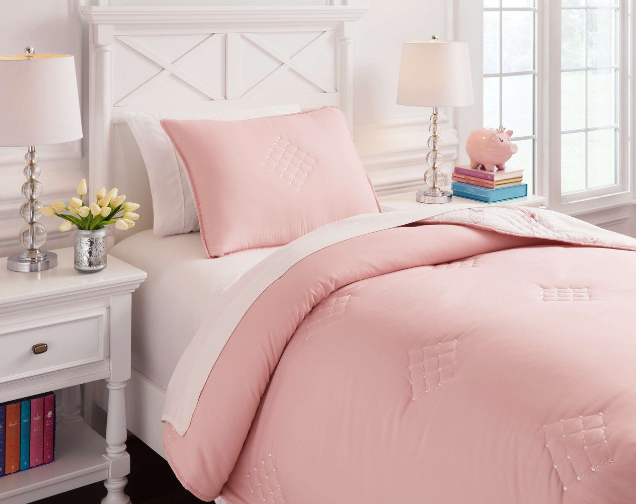 The Lexann Pink/White/Gray Twin Comforter Set is available at