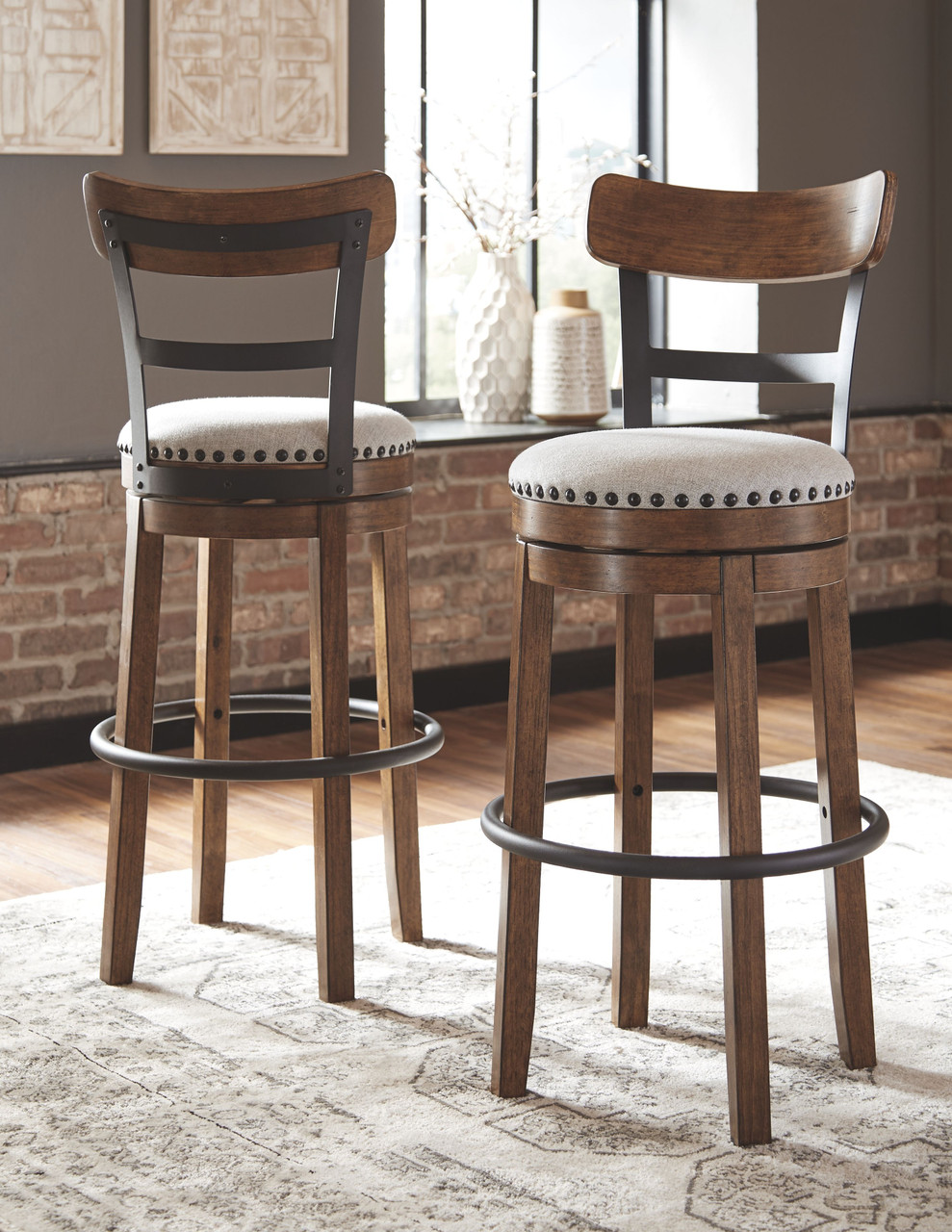 Valebeck Brown Tall Upholstered Swivel Barstool