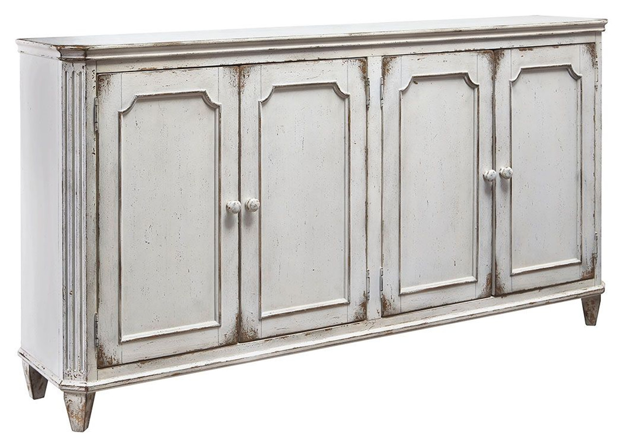 The Mirimyn Antique White Accent Cabinet is available at Complete