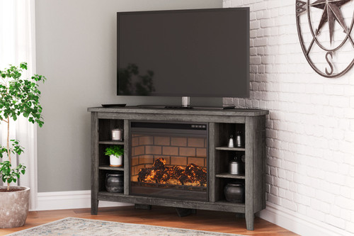 Arlenbry Gray Corner TV Stand With Faux Firebrick Fireplace Insert