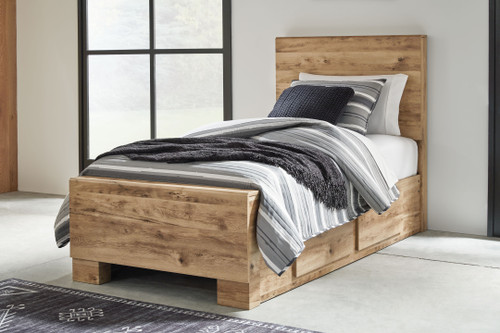 Hyanna Tan Twin Panel Bed With 1 Side Storage