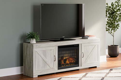 Bellaby Whitewash 72" TV Stand With Faux Firebrick Fireplace Insert