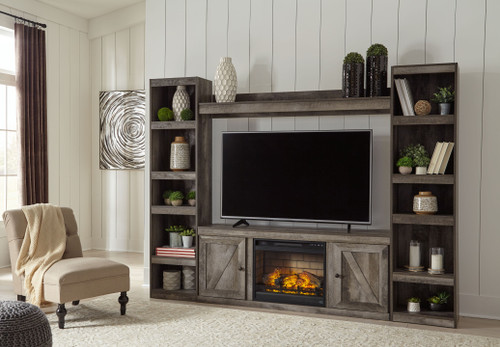 Wynnlow Gray 4-Piece Entertainment Center With Faux Firebrick Fireplace Insert