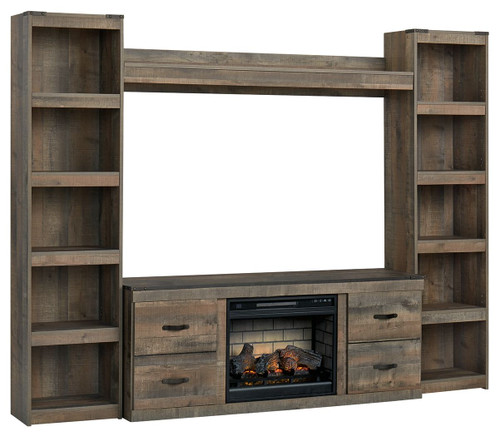 Trinell Brown 4-Piece Entertainment Center With Faux Firebrick Fireplace Insert