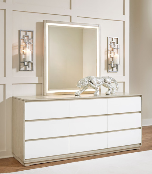 Wendora Bisque/White Queen Upholstered Bed 4 Pc. Dresser, Mirror, Queen Bed