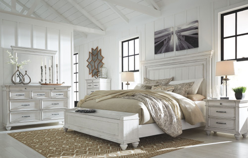 Kanwyn Whitewash 7 Pc. Dresser, Mirror, California King Panel Bed With Storage Bench, 2 Nightstands