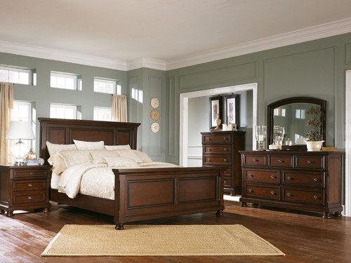 Porter Rustic Brown 7 Pc. Dresser, Mirror, Chest, California King Panel Bed, Nightstand
