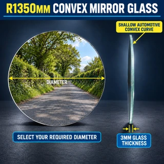 Large 3mm R1350 convex round automotive mirror glass precision cut to size UK made
