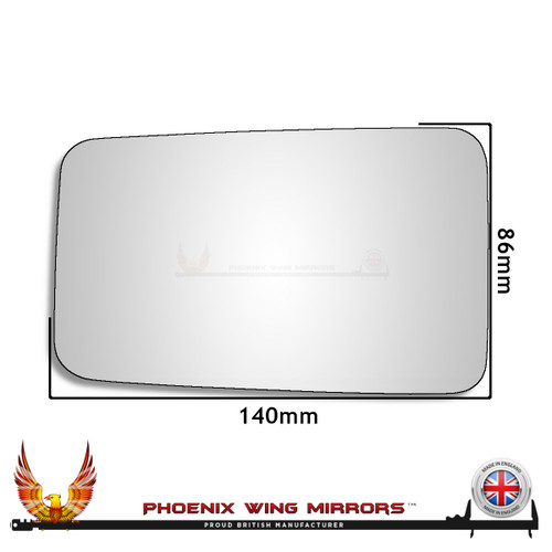 TVR Wedge 1980–1991 left-hand UK passenger-side convex wing door mirror glass, 140 mm wide × 86 mm high, with adhesive