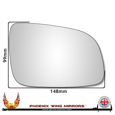 VW Polo Mk3 facelift 2000–2002 right-hand driver convex replacement wing mirror glass – dimensions shown