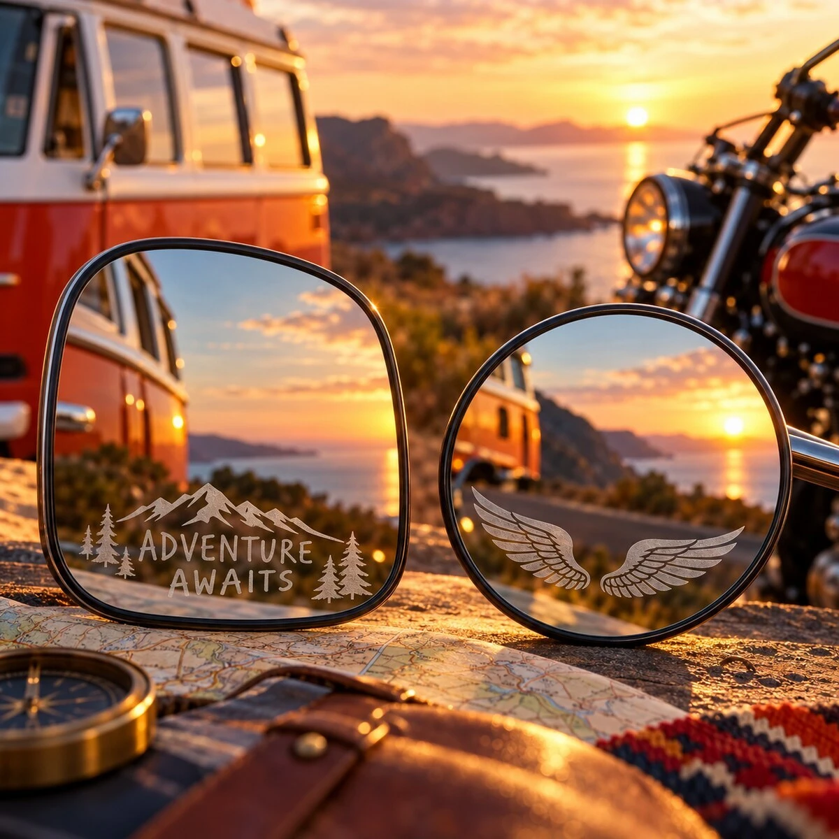 Campervan and motorcycle mirror laser etching