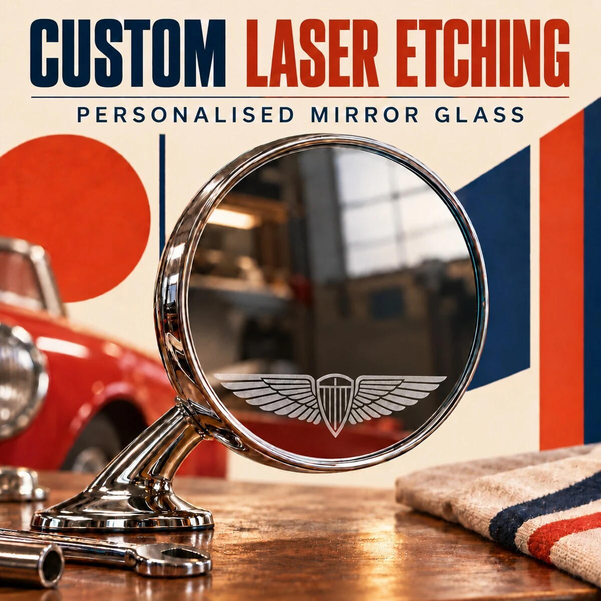 Custom laser etched automotive mirror glass