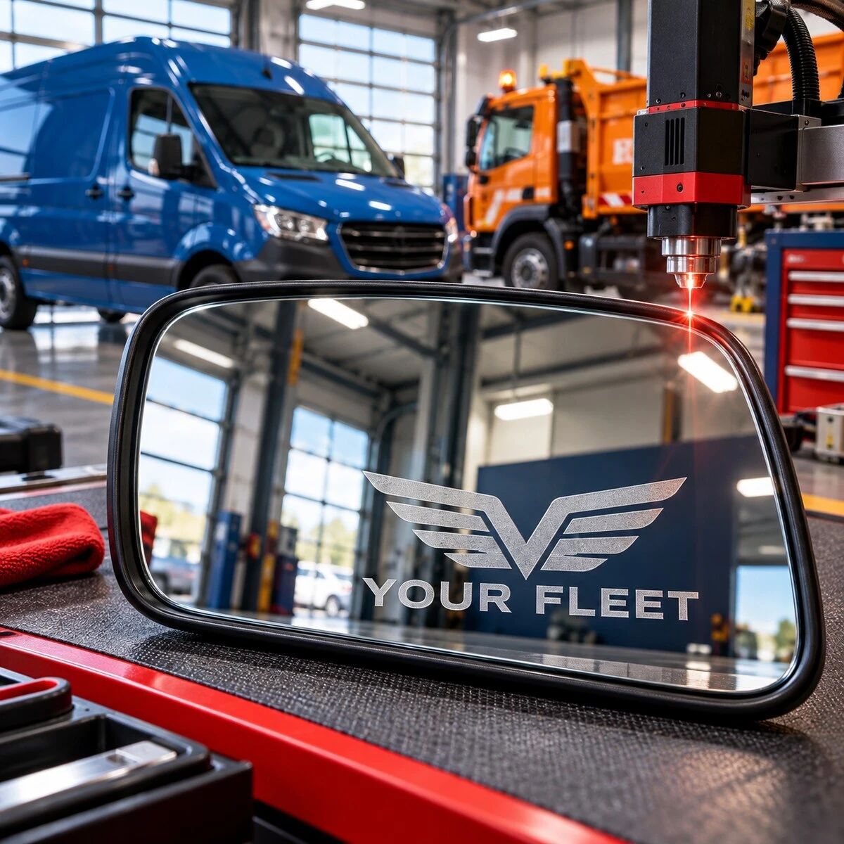 Fleet logo laser etched onto mirror glass