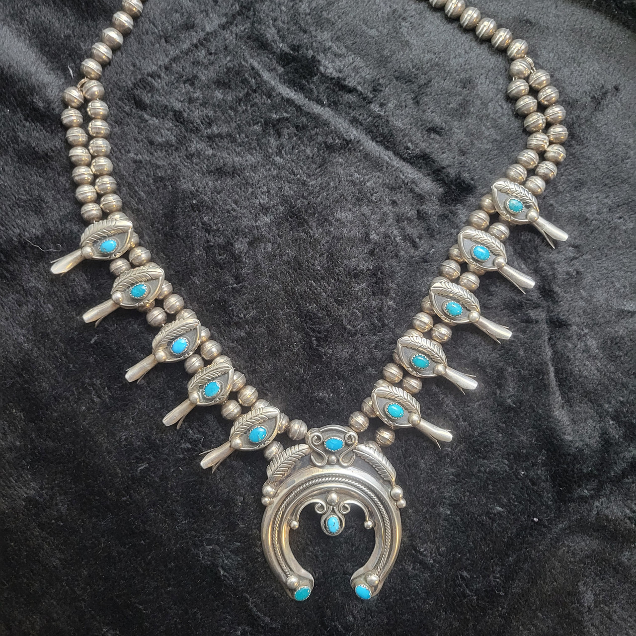 naowish1030 Gorgeous Navajo Turquoise Silver Squash Blossom Necklace Set