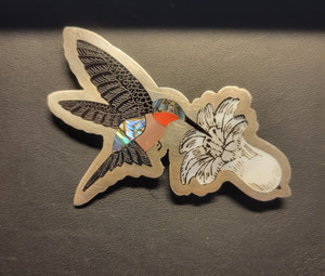 Dale Edaakie Inlay Hummingbird w White Flower Pin, Zuni
3"hx 2"W,  Weighs 0.5oz