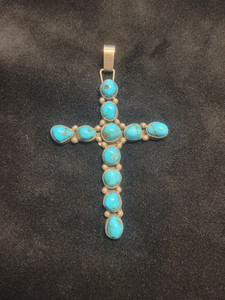 Sterling Silver and Turquoise Cross Pendent
3.5" Long from top of Pendent Loop
2.25" Wide Sterling Silver and Turquoise Cross Pendent
3.5" Long from top of Pendent Loop
2.25" Wide
