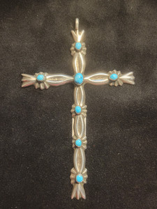 Hand Made Sterling Silver Cross w Turquoise Stones, c. 1970s
5" Tall
3.25" Wide Hand Made Sterling Silver Cross w Turquoise Stones, c. 1970s
5" Tall
3.25" Wide