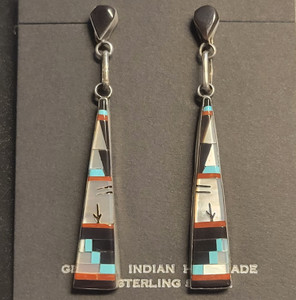 Dangly Inlay Earrings, Onyx, Turq. Coral, Mother of Pearl Dangly Inlay Earrings, Onyx, Turq. Coral, Mother of Pearl