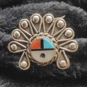 70s Sterling Silver and Inlay Sunface Ring Size 8.5