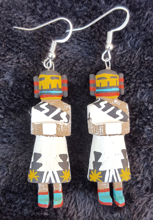 Harvest Girl Kachina Earrings  2" long
Caraved from Cottonwood and hand painted by Loretta Multine