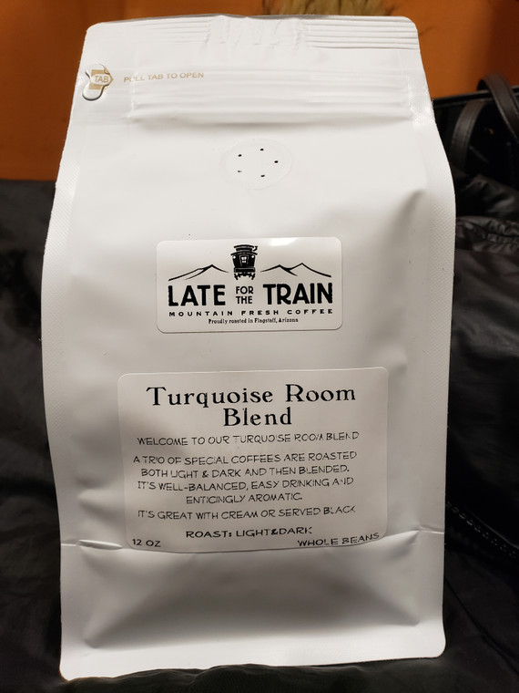 12 oz. 
Late For the Train Mountain Fresh Coffee.  Turquoise Room Blend

A trio of special coffees and roasted both light & dark and then blended.
It's a well balanced, easy drinking and enticingly aromatic.
Great with cream or served black.