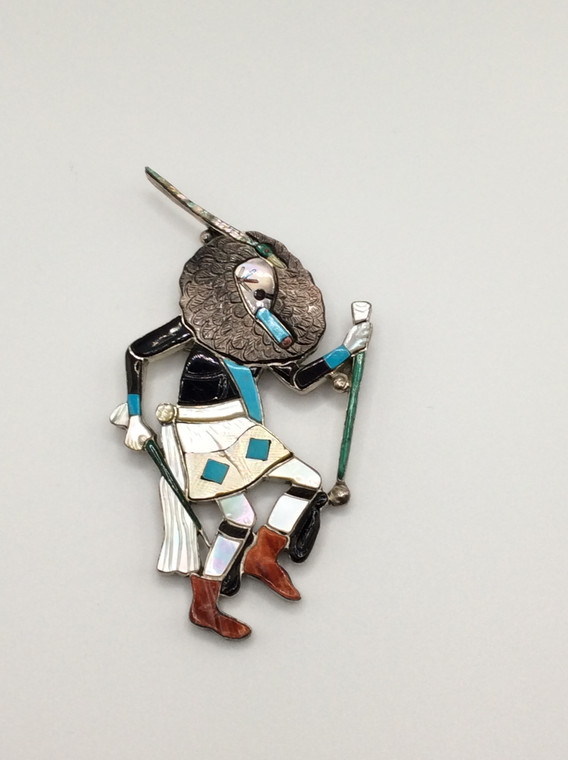 3.75" tall 2.25" wide
Kachina made with Sterling Silver, Turquoise, Jet, shell, spiney oyster, and malicite.
C. 1970's