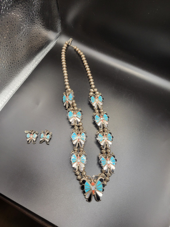 naowish1030 Gorgeous Navajo Turquoise Silver Squash Blossom Necklace Set