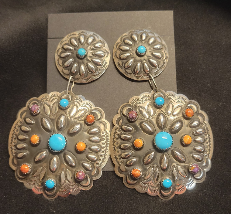 Large Stamped Post Earrings w Turq. and Spiny Oyster Stones