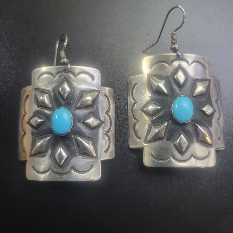 Curved Cross Earrings w Turquoise Center