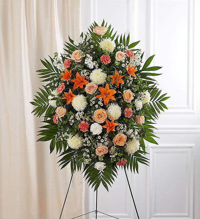 Peach, Orange & White Sympathy Standing Spray | Portland Oregon