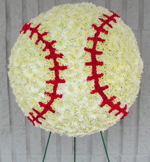 Softball funeral flower standing spray with red floral stitching