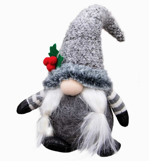 Mrs. Santa Christmas gnome with tall textured gray hat, faux fur brim, red holly berries, long white braided hair and striped sleeves.
