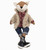 Whimsical woodland deer doll with embroidered closed eyes, cream faux fur jacket, red plaid shirt, cuffed blue jeans and oversized black lace-up shoes.