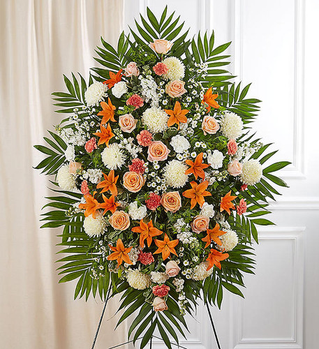 Peach, Orange & White Sympathy Standing Spray | Portland Oregon