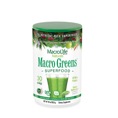 Details

Macro Greens is a non-allergenic nutrient-rich super food supplement that optimizes pH for stimulant-free health and surpasses the nutrition of five servings of fruits and vegetables without the calories or carbohydrates. The benefits of using Macro Greens daily include increased energy, weight loss, increased mental clarity, balanced blood sugar, strengthened immune system and improved digestion with 18 Bil probiotic cultures. Nutrient Rich Super Foods (Certified Organic Barley Grass Juice Powder [1200 mg], Certified Organic Spirulina Powder [600 mg], Chlorella-Cracked Cell [200 mg], Spinach Powder with Octacosanol, Triaconsanol, Hexacosanol, Tetracosanol Proprietary Blend [85 mg]), Non-Dairy Probiotic Cultures Min Organisms (at Mfg) 8.5 Billion Units (Lactobacillus Rhamnosus, Lactobacillus Acidophilus and Bulgaricus, Bifidobacterium Longum and Breve), Antioxidants (Vitamin E [Natural d--Alpha Tocopheryl Succinate] {100 IU, 2334%}, Grape Seed [95% Proanthocyanidins] {30 mg}, Ginkgo Biloba (24% Ginkgo Flavoglycosides 6% Terpene Lactones] {10 mg}), Antioxidant Proprietary Blend (Acerola Berry Juice Powder [Natural Source of Vitamin C], Bioflavonoids [Citrus], Silymarin [Milk thistle 80% Extract], Green Tea [60% Polyphenols, 40% Catechins], Rutin), Adaptogenic and Metabolic Herbs Proprietary Blend (Red Raspberry Powder, Parsley Juice Powder, Ginger Powder [Freeze Dried], Horsetail Stem Powder, Royal Jelly [5% 10-HAD], Licorice Root Powder, Eleuthero Root Extract, Suma [Pfaffia Paniculata], Astragalus Membranicus, Damiana, Echinacea Augustifolia [Extract 5% Echinocoside] {35 mg}), Natural Fibers Proprietary Blend (Lecithin Powder 99% Oil Free [Non-GMO], Apple Pectin, Apple Fiber, Certified Organic Flax Seed Meal), Harmonizing and Support Herbs Proprietary Blend (Yucca Juice Powder, Watercress Juice Powder, Carrot Juice Powder, Certified Organic Beet Juice Powder, Nova Scotia Dulse, Cactus Powder, Aloe Vera [Freeze Dried] {450 mg}), Natural Plant Enzymes (Protease, Lipase, Amylase and Cellulase). Gluten Free.
Directions

Mix 1 tbsp into 10-12 oz of your favorite non-citrus juice, water, smoothie or protein shake. For best results and taste mix into 1/2 apple juice and 1/2 water. Enjoy 2-3 times daily! Store in a cool dry place. Best when used within 90 days.