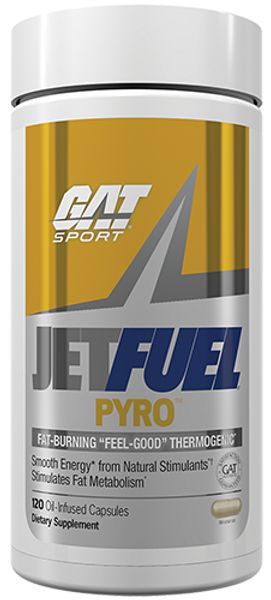 DETAILS
Fat-Burning "Feel-Good" Thermogenic. Smooth Energy from Natural Stimulants. Stimulates Fat Metabolism. JETFUEL PYRO is an advanced thermogenic formula with key ingredients to optimize your metabolism's ability to burn more fat. PYRO is uniquely designed to promote positive mood and smooth energy. You will really enjoy dieting and training like never before with the help of JETFUEL PYRO. Formula Highlights: Ginseng, Advantra Z Citrus Aurantium Extract, Raspberry Ketone and Green Coffee Bean Extract. Natural stimulants provide uplifting energy and fat burning support. Rhodiola Rosea Extract, 5-HTP, Olive Extract, Matricaria Chamomilla combined can bolster response to mental and physical daily stress. PYRO provides a "Feel-Good" dieting experience. PYRO's caffeine-based blend (205 mg) ignites your metabolism to stimulate thermogenesis for up to 5 hours, supporting energy and alertness.

DIRECTIONS
Take 1 serving (3 capsules) 1-2 times per day. Take 1 serving first thing in the morning. PYRO can be taken with or without food depending on your stomach sensitivity. If you are sensitive to caffeine, do not take within 6 hours of bedtime.

WARNINGS
NOT INTENDED FOR USE BY PERSONS UNDER AGE 18. DO NOT EXCEED RECOMMENDED DOSE. Each serving (3 Capsules) contains approximately 205 mg of Caffeine. Do not exceed recommended dose. Do not consume caffeine or stimulants from other sources, including but not limited to, coffee, tea, soda, and other dietary supplements or medications. Consult your physician prior to use particularly if you are taking medication. Consult your physician prior to use if you have any medical condition, including, but not limited to cardiovascular health, high blood pressure or any health issue. Discontinue 2 weeks prior to surgery or if you experience rapid heartbeat, dizziness, severe headache or shortness of breath. This product contains chemicals known to the State of California to cause birth defects or other reproductive harm. Do not use while pregnant, nursing or trying to become pregnant. KEEP OUT OF REACH OF CHILDREN.