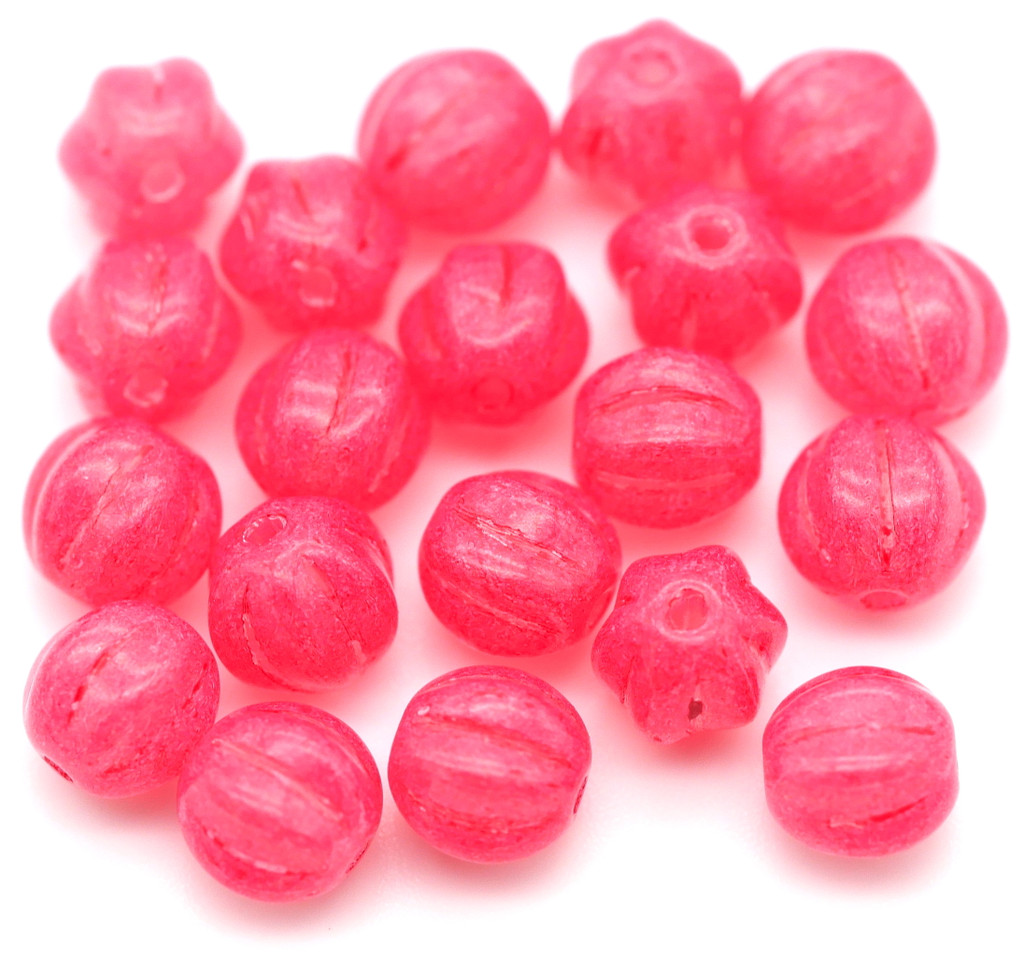 20pc 6mm Czech Pressed Glass Fluted Melon Beads, Crystal/Raspberry Opal