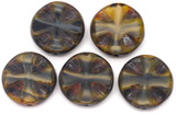 5pc 14mm Czech Table-Cut Glass Patterned Coin Bead, Jet-Opal Silk/Picasso