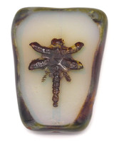28x20mm Czech Table-Cut Glass Dragonfly Trapezoid Bead, White Opal/Picasso