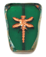 28x20mm Czech Table-Cut Glass Dragonfly Trapezoid Bead, Transparent Emerald/Picasso/Copper Wash