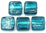 5pc 12mm Lampwork Glass Flat Square Beads, Teal/Silver Foil